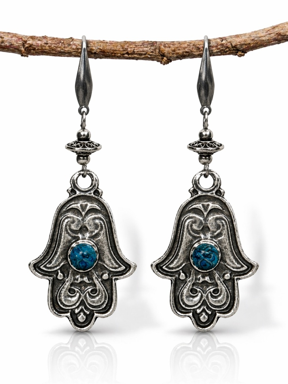 Persian Hamsa Turquoise Earrings, Silver Dangle, OOAK Artisan Statement
